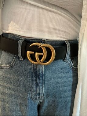 Gucci Black Leather Belt with Antique Gold Double G Buckle